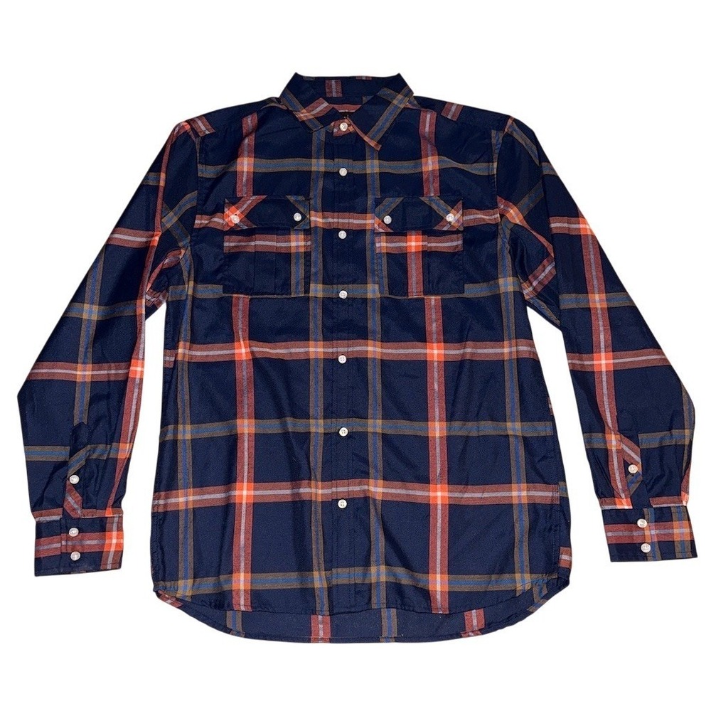 Red Ape Shirt Y2K XL Plaid Button-Up Long Sleeve Navy Blue Orange 2 workwear